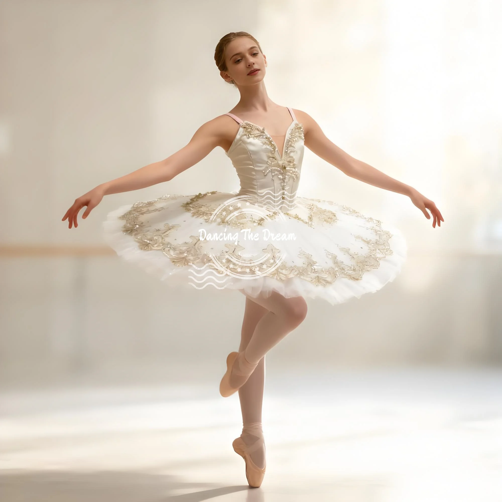 Gaun Pertunjukan Balet Mewah Anak-anak Putih Emas Kostum Tari Elegan untuk Anak Perempuan