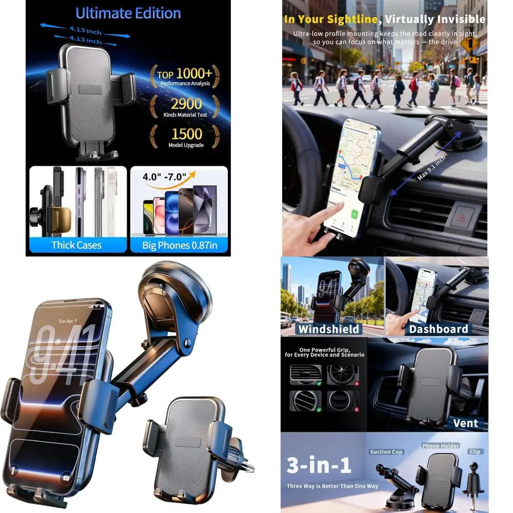 

Enhanced Military-Strength Car Phone Holder - Suction & Clip Mount for 17 Pro Max, 16, 15, Vent or Windshield