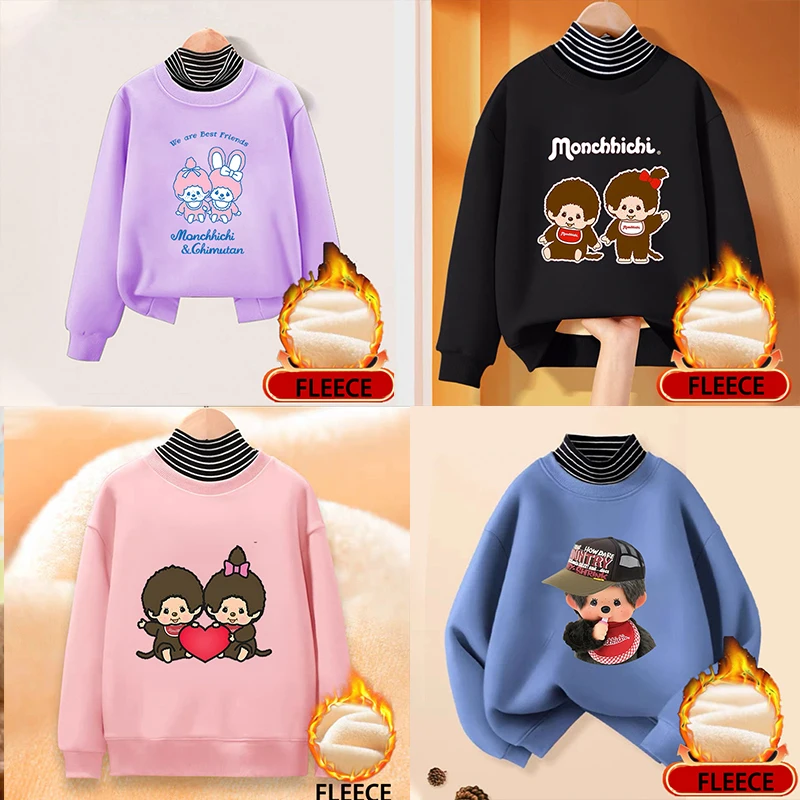 

Monchhichi Children High Neck Fleece Sweatshirt Kids Fashion Hoodies Boy Girl Pullovers Kawaii Tops Comfortable Clothing Gift