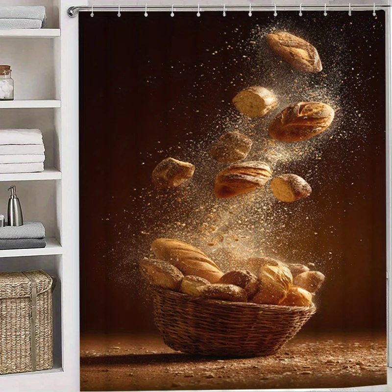 Rustic Bread Shower Curtain - Falling Fresh Bakery Buns, Vintage Wheat Flour Theme, Warm Kitchen Decor