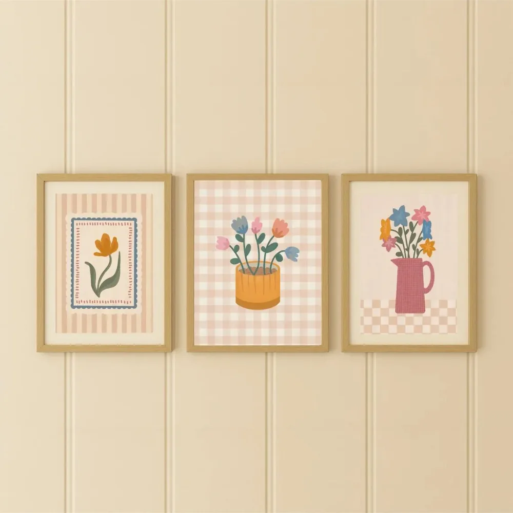Frameless Lattice Pastoral Wall Art,Floral and Canvas Paintings,Lattice Patterns,Soothing Colors,Modern Minimalist Bedroom Decor