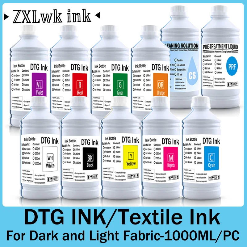 

DTG Ink Textile Refill ink for Epson F2000 F2100 P600 P800 DTG Printer and More printhead DX5 DX6 DTG Printers Direct to Garment