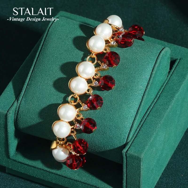 

Vintage Pearl Charms For Bracelet Red Crystal Beads Palace Tassels Gold Color Wedding Bridal Accessories For Women Luxury Brands