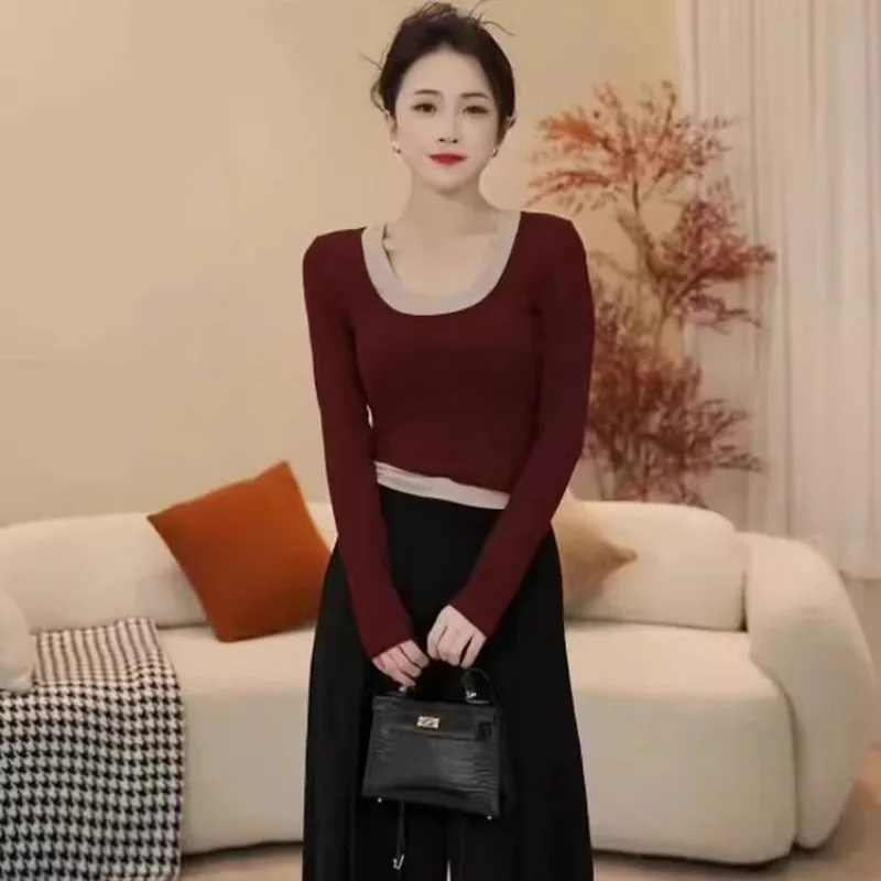 

Fake Two-piece Bottoming Women's Autumn New Contrasting Color Stitching Retro T-shirt Slimming Top