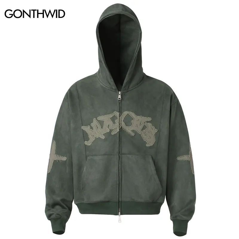 

Винтажная замшевая куртка с капюшоном Y2K, уличная одежда, толстовка с капюшоном на молнии и вышивкой, куртки-бомберы в стиле хип-хоп, повседневная кожаная куртка на молнии