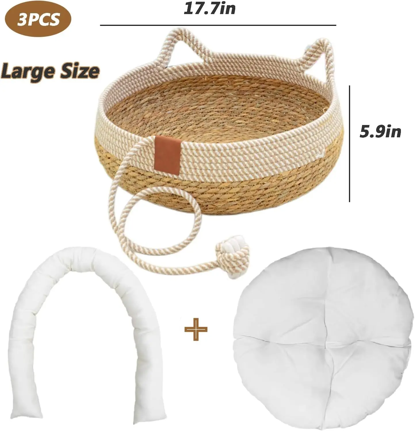 Straw Cat Bed with Soft Cushion, 17.7x17.7in Round Rattan Cat House for Indoor Cats, Cute Cat Cotton Rope Woven Basket Nest