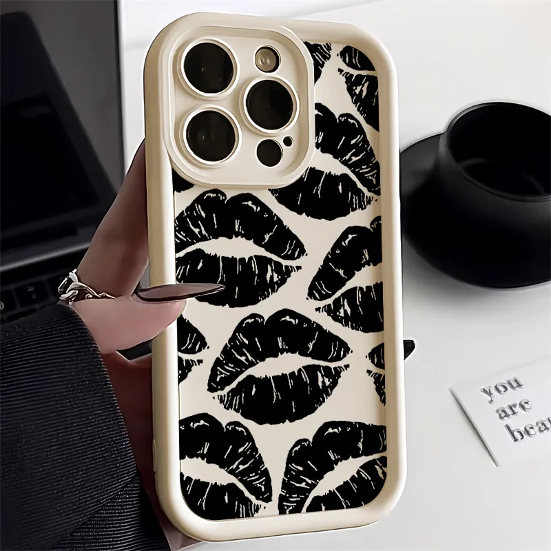 Black Lips Kiss Print Soft Matte Phone Case For iPhone 13 Case iPhone 16 15 14 11 12 Pro Max XR 7 8 Plus SE Silicone Cover Funda