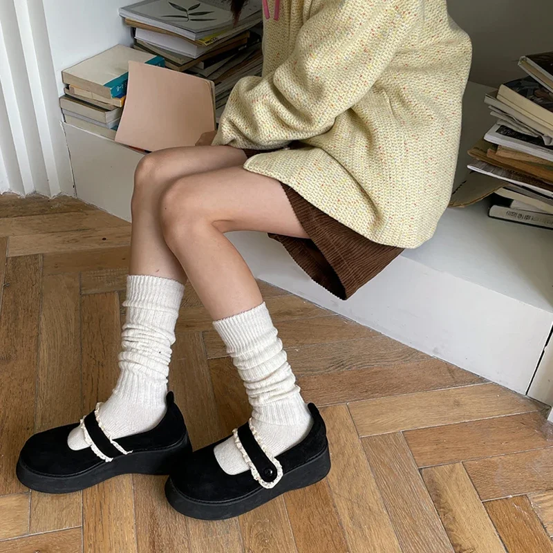 Calf Socks Autumn/Winter Thickened Coffee Colored Stacked Socks Japanese Knee Length Socks Double Needle Socks For Women