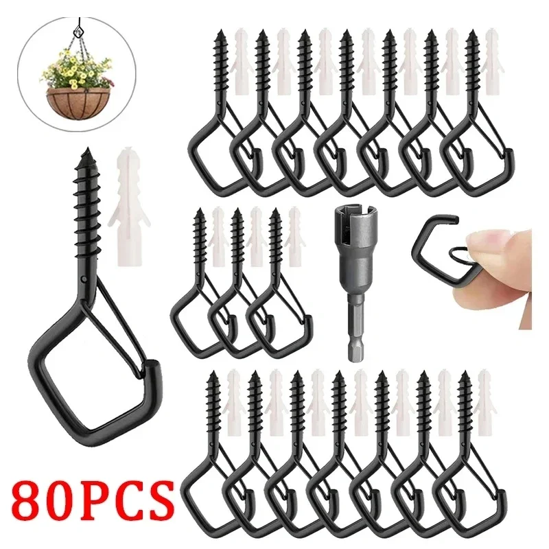 

80PCS Q Shape Outdoor Hooks Swivelling Basket Patio Hooks Outdoor String Light Screw-In Holder Nut Driver Plant Storage Hooks