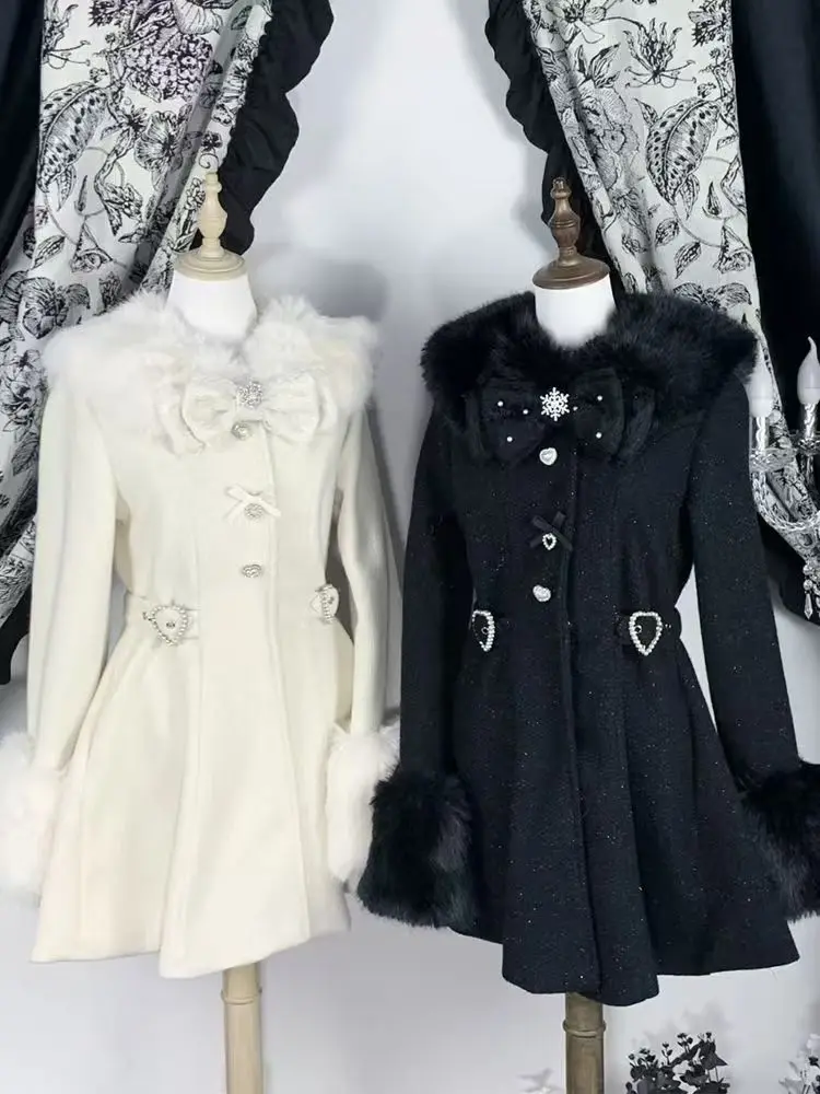 شتاء جديد اليابانية ضئيلة القوس معطف طويل الأكمام أزياء أنيقة الفراء طوق الدانتيل معطف المرأة تصميم شيك الحلو معطف القماش الصوفي