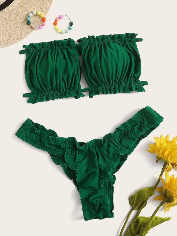 

Swim Summer Beach Ruched Lettuce Trim Bandeau Bikini Set