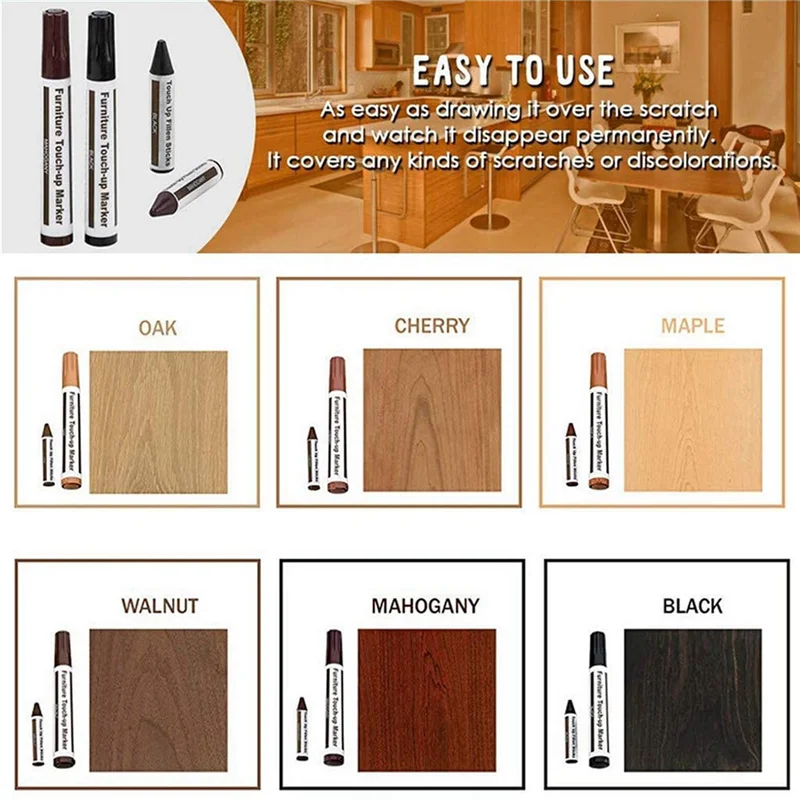 ชุดซ่อมเฟอร์นิเจอร์เครื่องหมายไม้ - ชุด 13 ชิ้น - เครื่องหมายและแท่งขี้ผึ้งพร้อมชุดเหลาสําหรับรอยขีดข่วนพื้นไม้ ZJY