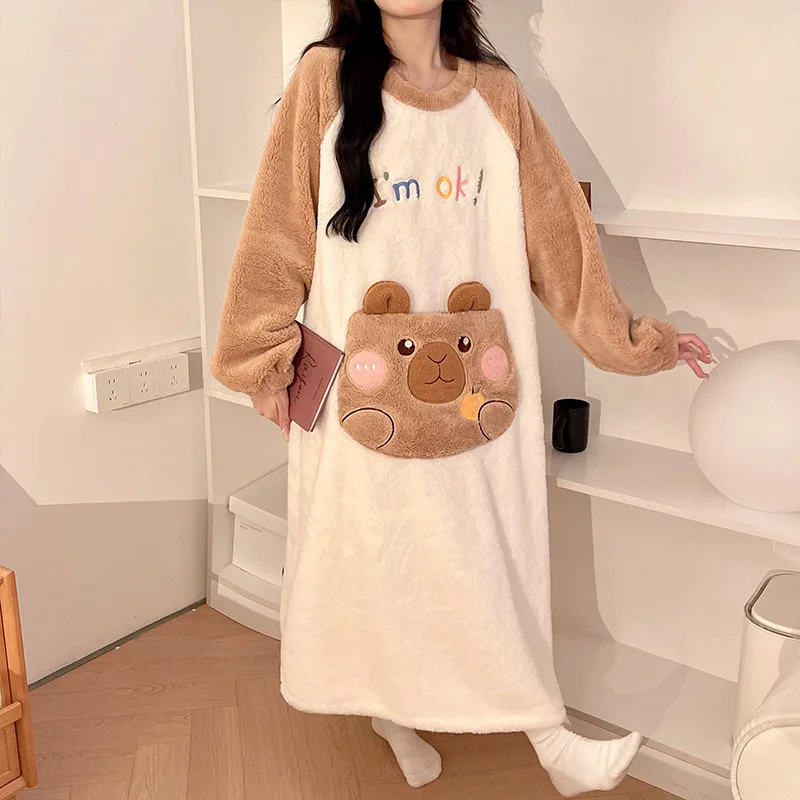 100 кг, зимняя ночная рубашка большого размера, женский фланелевой халат с героями мультфильмов, домашняя одежда, длинная пижама с длинными рукавами, плотная домашняя одежда из кораллового флиса