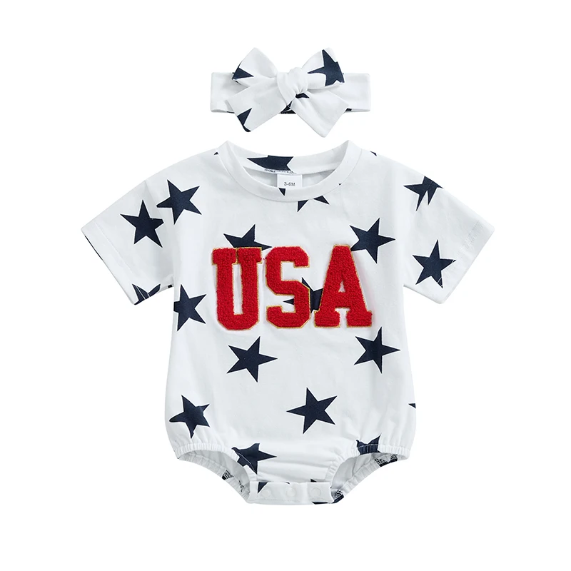 

4th of July Baby Girls Rompers Fuzzy Letter Embroidered Stars Print Short Sleeve Infant Bodysuits Summer Jumpsuits with Headband