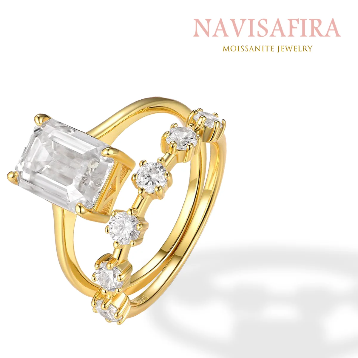 3.5Ct S925 Moissanite Rectangular Ring, 18K Gold-Plated Double Band for Weddings & Engagement