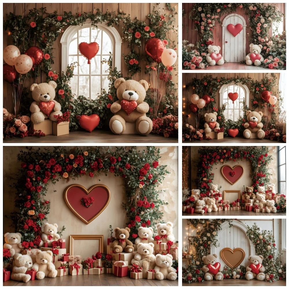 

Romantic Valentine's Day Photography Backdrop Wooden Door Arch Flower Leaf Teddy Bear Love Heart Wedding Party Decor Background