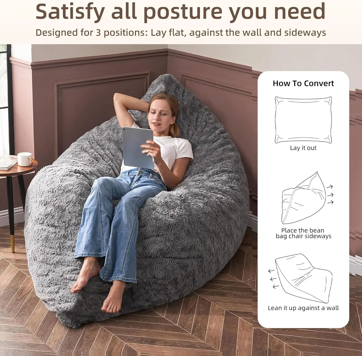 3 in 1 Bean Bag Chair, Memory Foam Bean Bag Chair, Convertible Bean Bag Chair with Machine Washable Cover, Giant