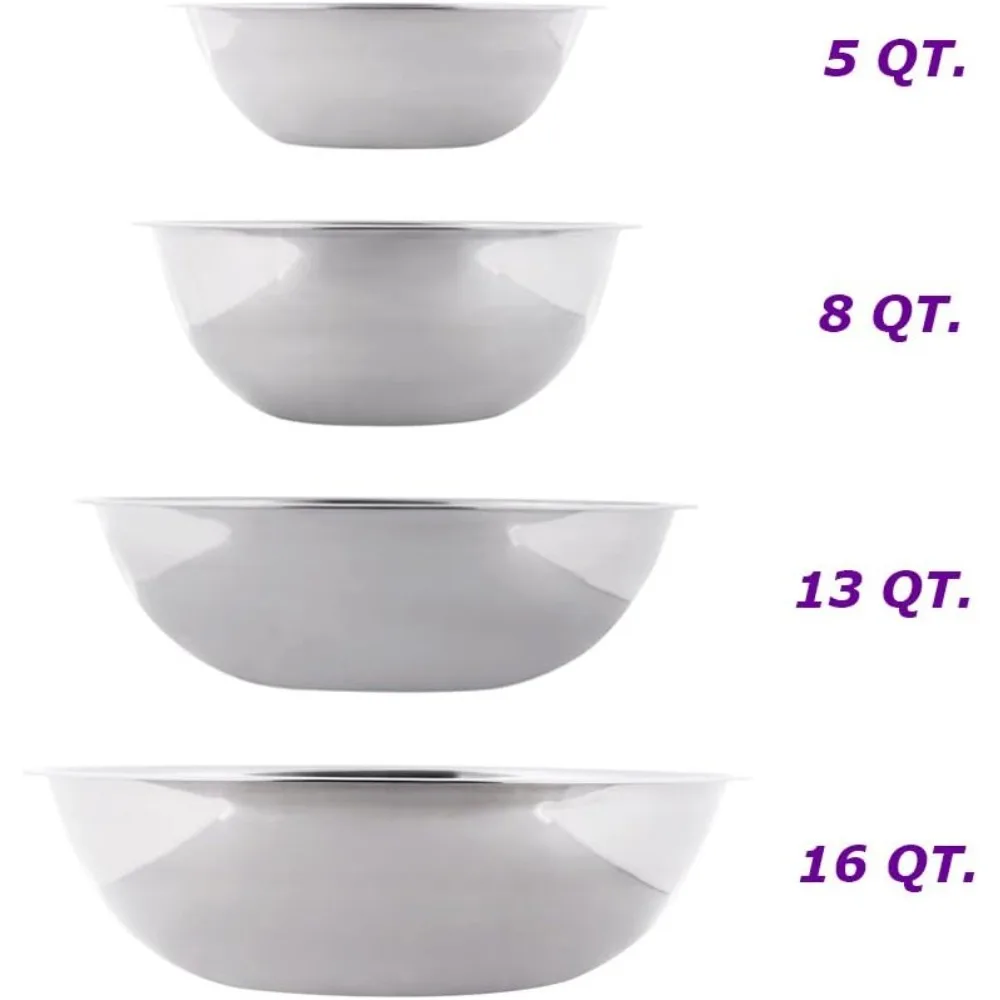 (Set of 4) Stainless Steel Mixing Bowl Set, 5-8-13-16 Quart Polished Mirror Finish Nesting Flat Base Bowls