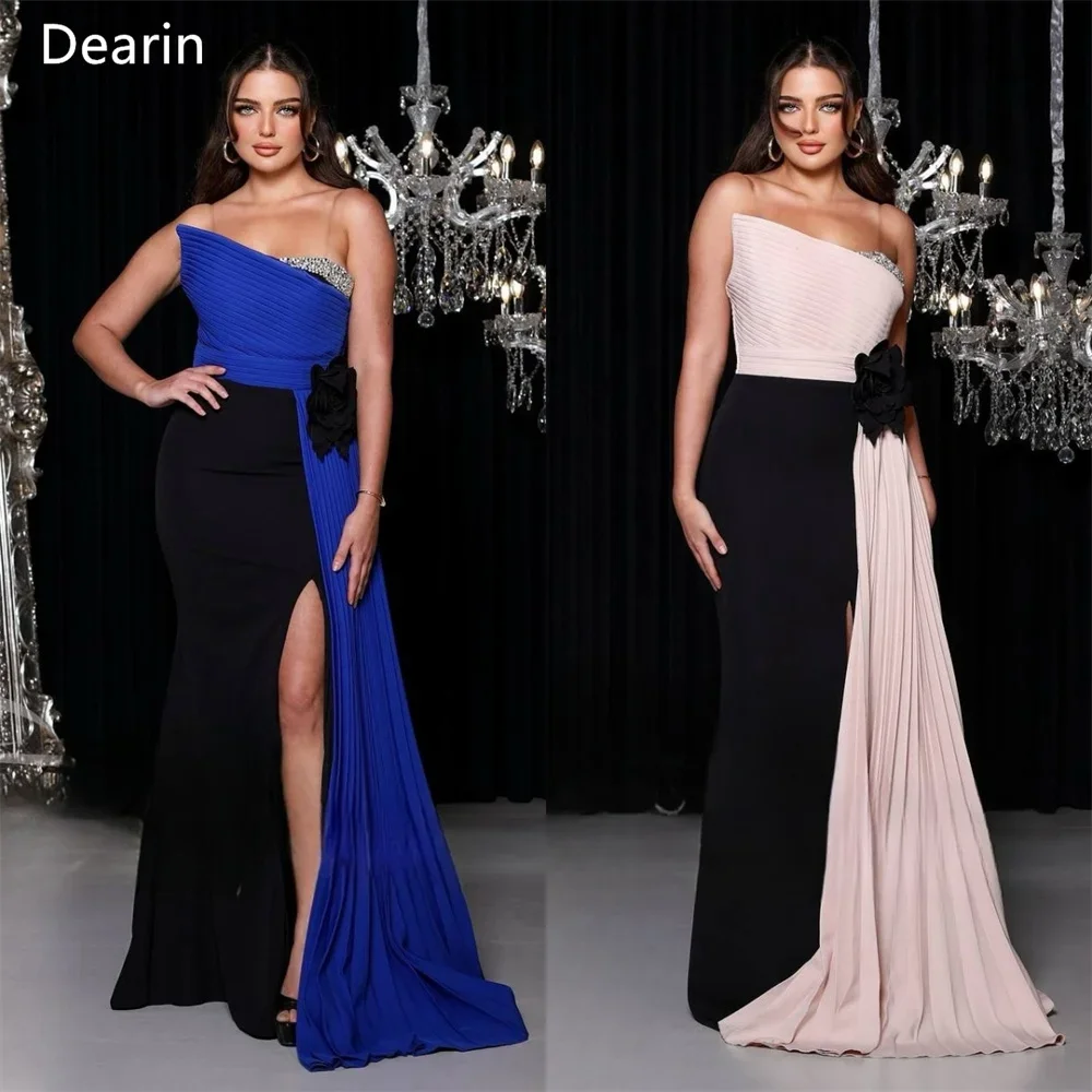 

Customized Formal Gown Dearin Strapless A-line Floor Length Skirts Draped Beading Sleeveless 3D Flower Bespoke Occasion Dresses