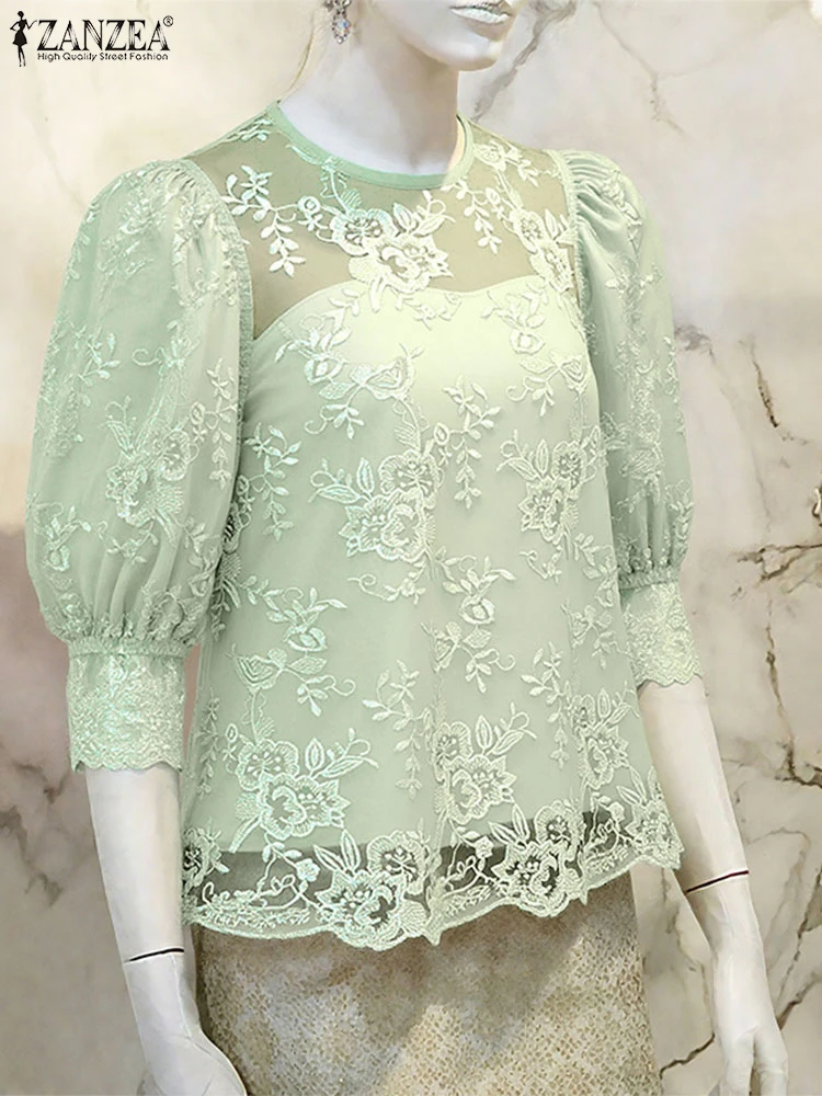 

ZANZEA Vintage Blouse Summer Seethrough Lace Tops Women Casual Loose Tunics 2025 Summer Hollow Out 3/4 Puff Sleeve Blusas S-3XL
