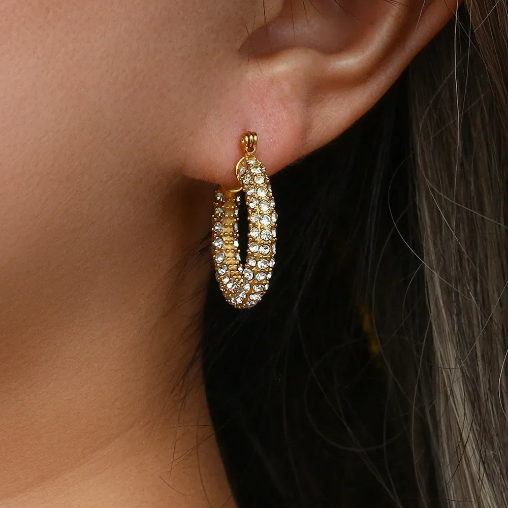 Luxury Paved Pearl CZ Zircon Hoop Earrings Gold Plated Stainless Steel Geometric Twist Circle Ear Buckle Fashion Women\'s Jewelry