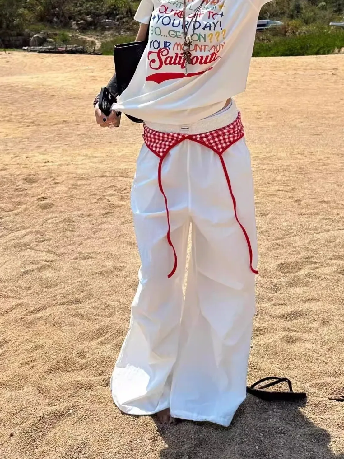 Summer American Retro Fake Two-Piece Wide Leg Paratrooper Pants Women's Versatile Design Pleated Mop Casual Trousers