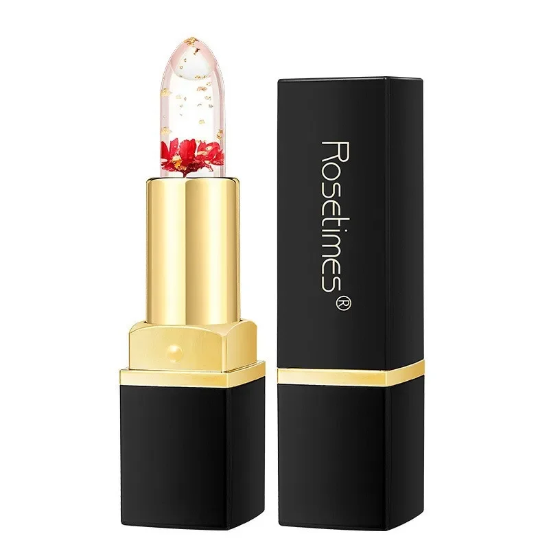 Lápiz labial de gelatina con flor de cristal que cambia de Color de temperatura, hidratante transparente de larga duración, lámina dorada, brillo de labios cosmético