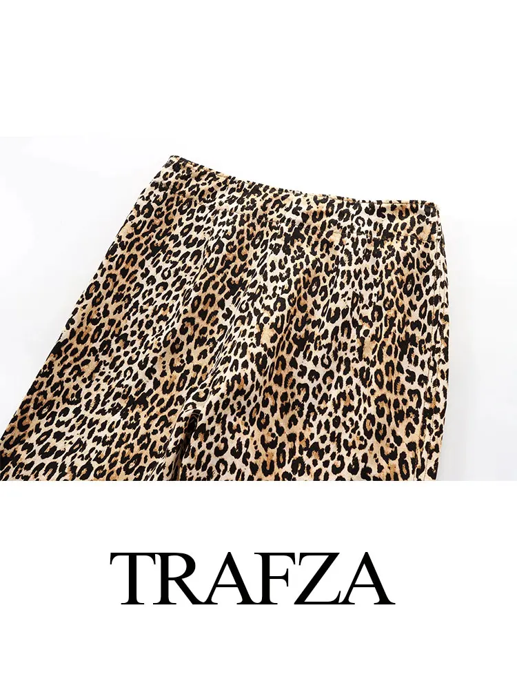 TRAFZA Leopard Print Pant For Women Vintage Casual Straight Pants Side Zipper Fly Trousers 2024 Female Fashion Streetwear Pant