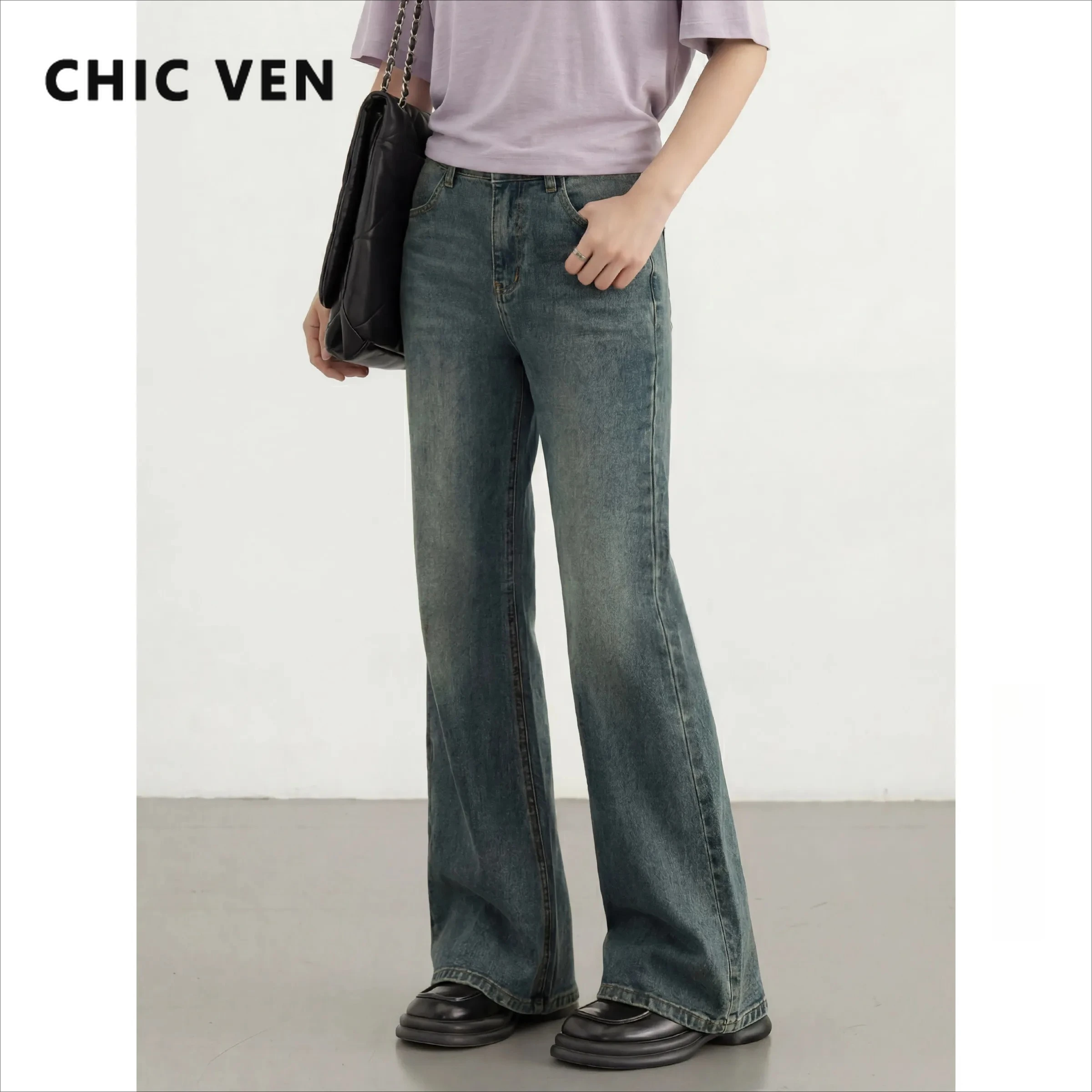

CHIC VEN Korean Women Jeans Blue Retro High Waisted Slim Ladies Denim Pant Micro-projectile Spring Summer 2026 Clothing