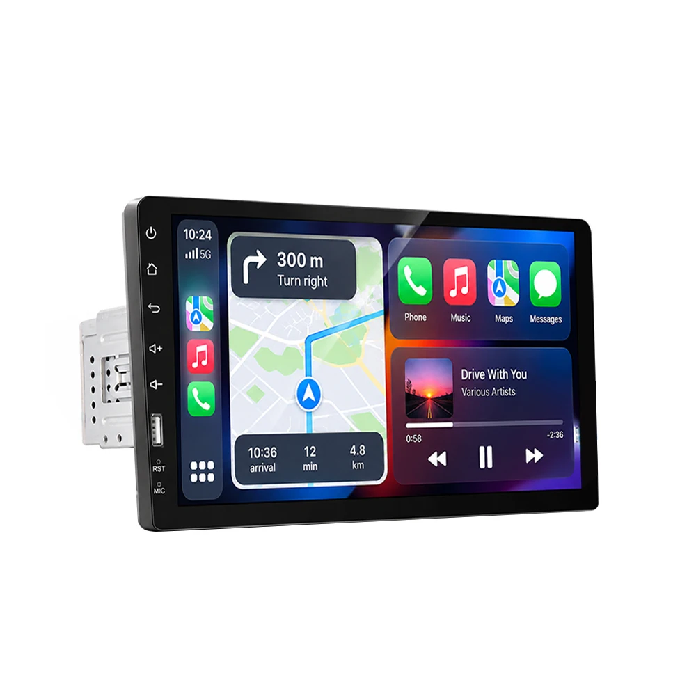 Podofo 1Din 9-calowy samochodowy radio z ekranem dotykowym, bezprzewodowym CarPlay, Android Auto, D-Play, odtwarzaczem MP5, Bluetooth, FM, funkcją Mirror Link, uniwersalny samochodowy odtwarzacz — 2