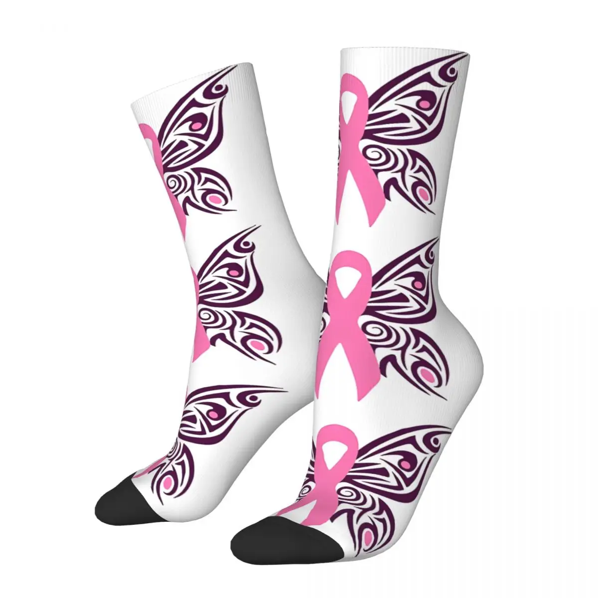 Crazy compression Breast Cancer Awareness Butterfly Sock for Men Harajuku Seamless Pattern Crew Sock Casual