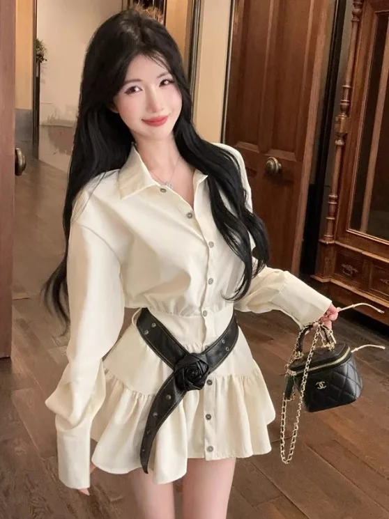 

Sweet Pure Desire Style Casual Shirt Dress Slimming Short Skirt Autumn New Women's Fashion Korean Version Binding Waist Design