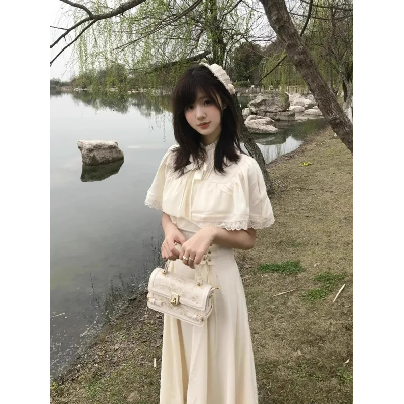 Abito francese elegante in pizzo a maniche lunghe da donna a vita alta sottile abito longuette vintage da ufficio abito gotico in un pezzo coreano Y2k