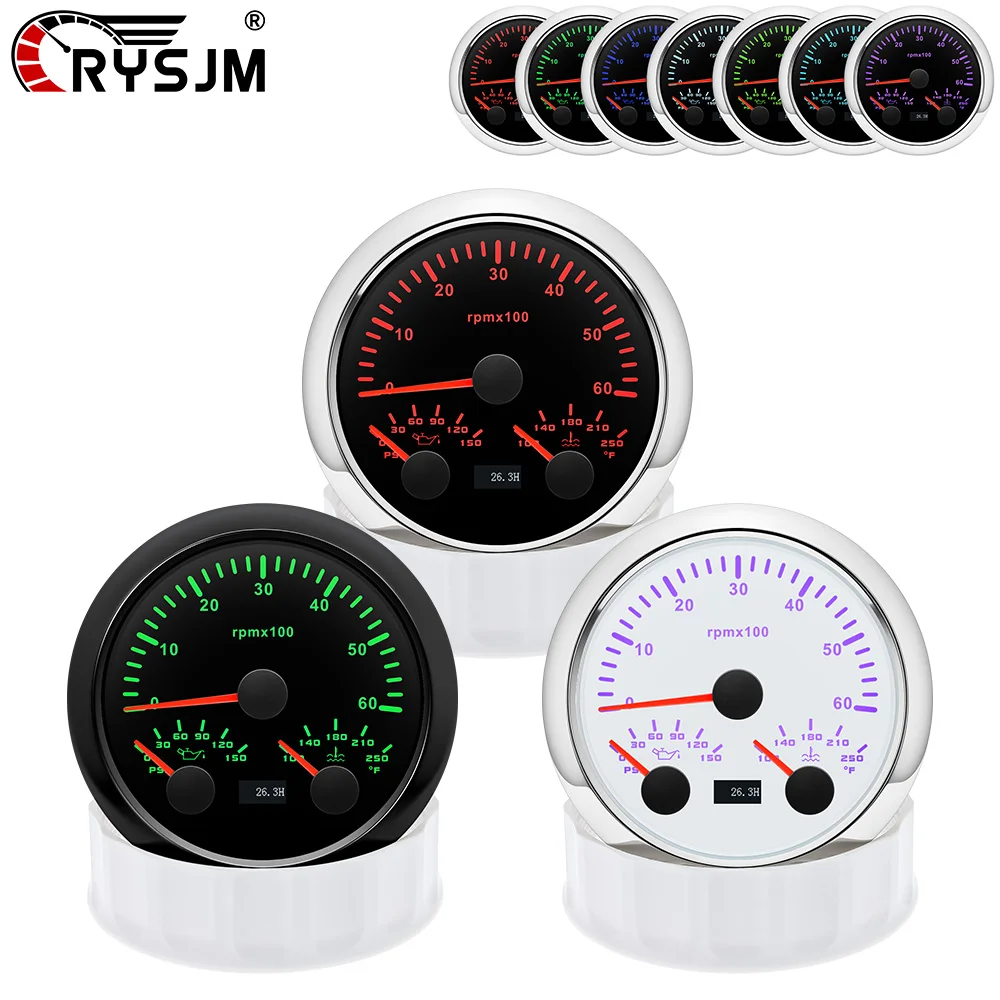 

12V24V Universal 7 Color LED 85mm RPM Tachometer+Oil Pressure+Water Temperature Gauge 3 In 1 Waterproof Meter for Car Boat Yacht