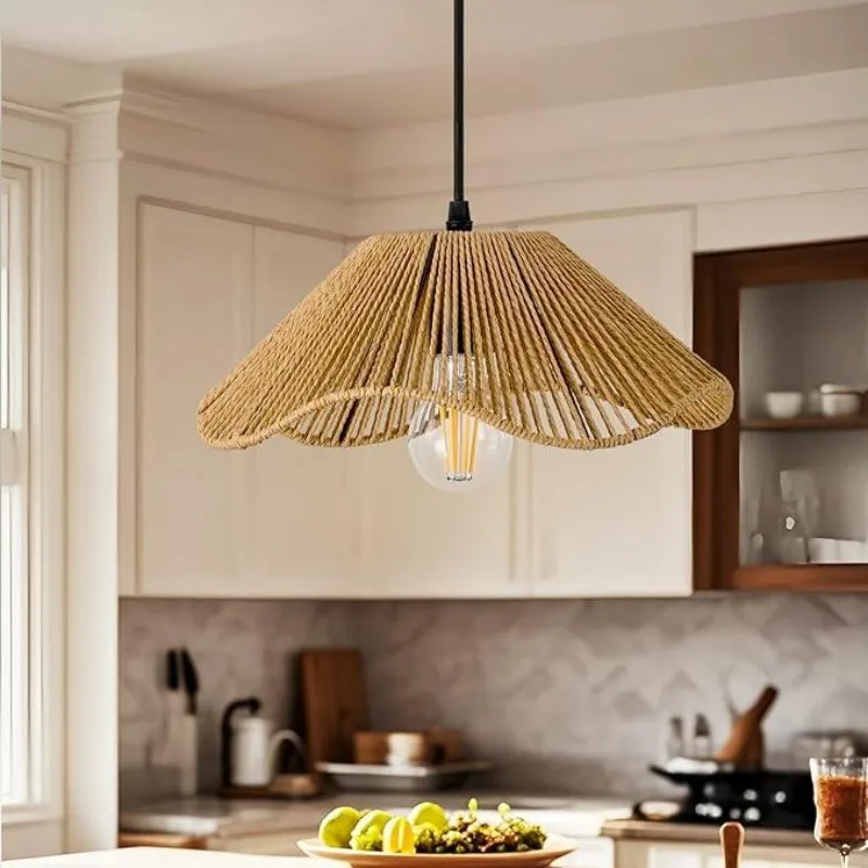 Handmade Woven Rattan Pendant Lamp Shade, Boho Wabi-Sabi Vintage Ceiling Light Cover (Bulb Not Included)