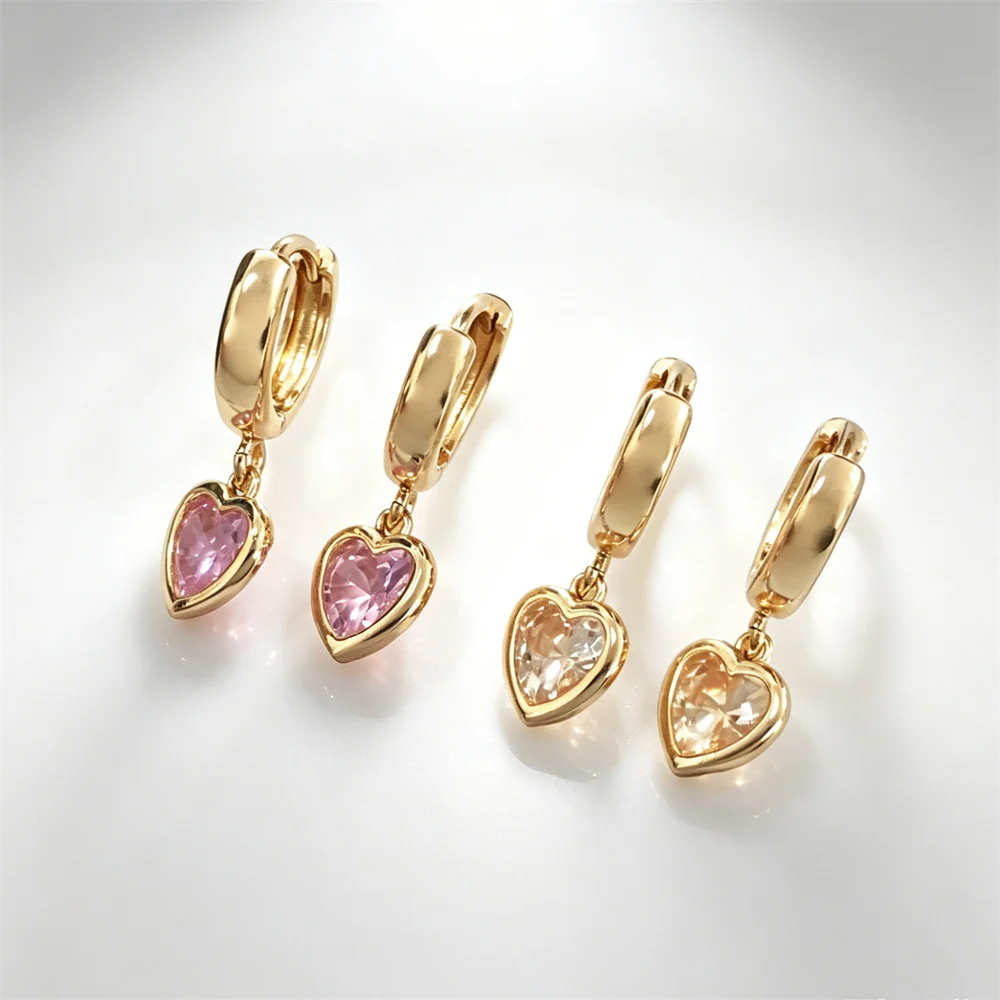 Super Delicate Gold Color Plating Pink Champagne Zircon Paving Heart Charm Hoop Earrings For Women Girl Lovely Cute Jewelry Gift