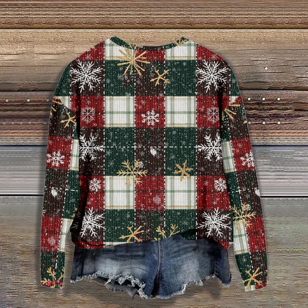 Christmas Snowflake Plaid Sweatshirt Women Crew Neck Hoodie Holiday Gift Casual Pullovers Couple Winter Hip Hop Streetwear