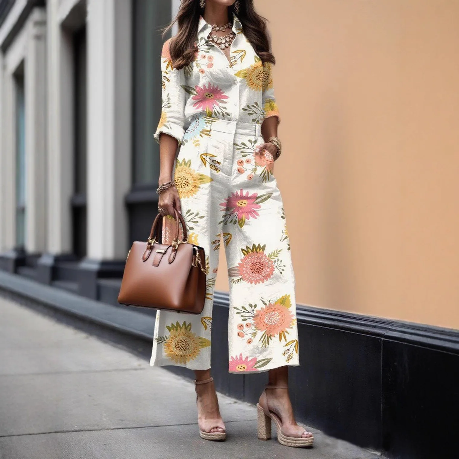 

Fashion Printed Two Piece Set Casual Lapel Single Breasted Shirt High Waist Wide Leg Pants Set Elegant Commuter Women Clothing