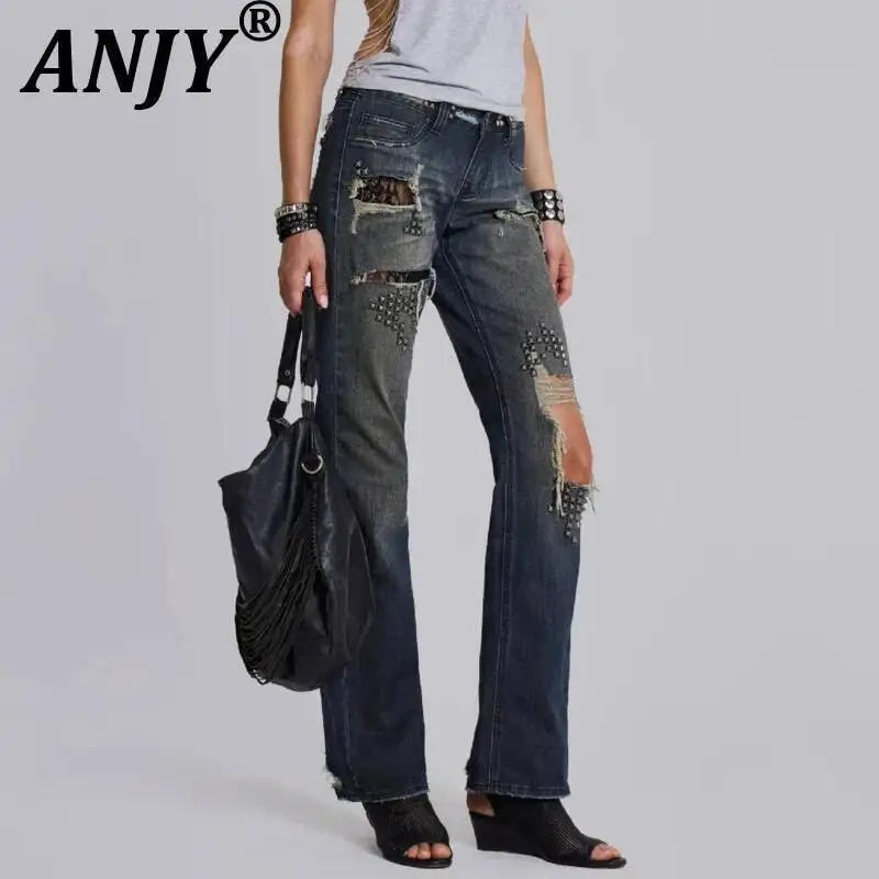 ANJY Spring Summer New Women American Style Y2K Distressed Rivet Ripped Jeans Trendy Fashion Sexy Hole Design Denim Pants A23329