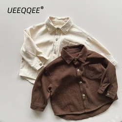 Spring Autumn Children Shirts 1-8Y Boys Cotton Pocket Solid Daily Long Sleeve Tops Korean Kids Wear Toddler Clothing 2024 New