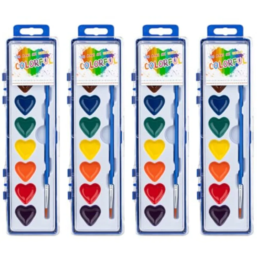 4 Pack Water Color Paint Sets for,8 Colors Heart Watercolor Paint Set with Paintbrush Washable, Valentines Gifts Art Supplies f