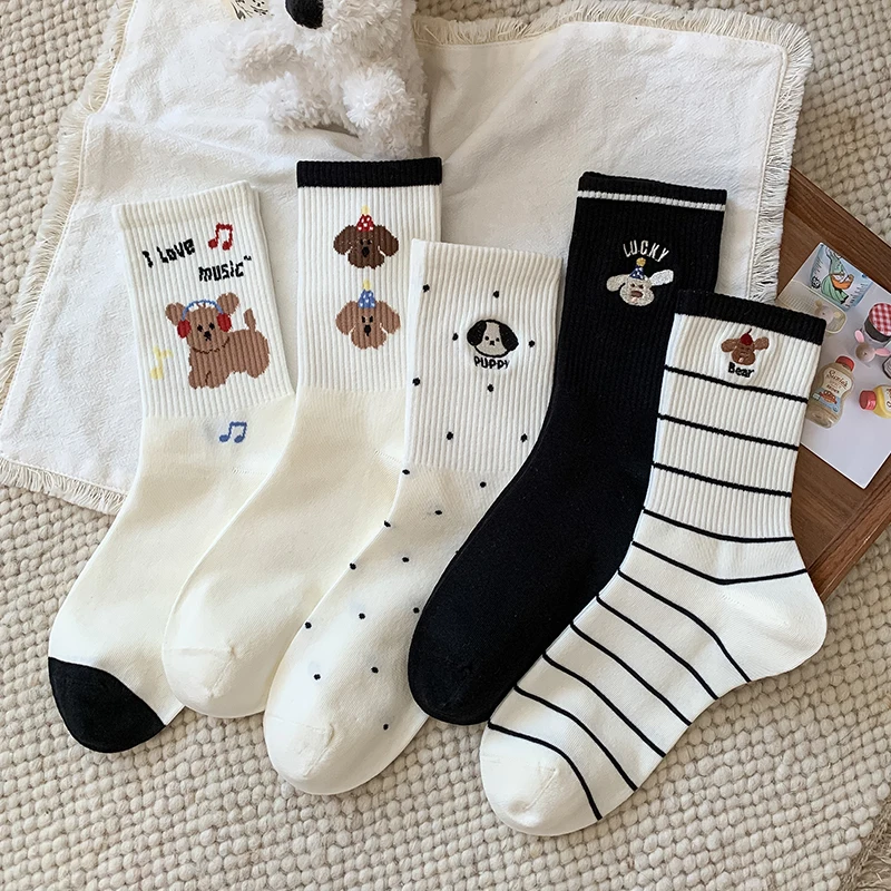 Femmes mignonnes chaussettes mode nouveau Style coréen coton filles broderie chaussettes respirant décontracté points rayé dessin animé drôle chaussettes confortables
