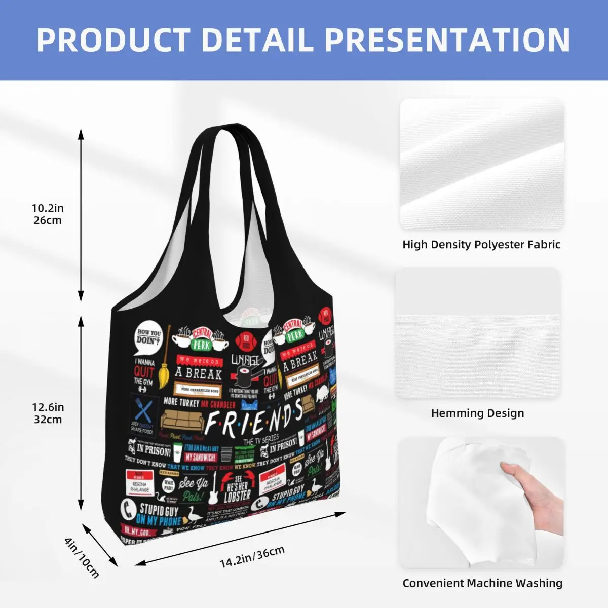 Amigos Colagem Compras Bolsas de Lona para Mulheres, Personalizado, Engraçado, Programa de TV, Grande Capacidade, Portátil, Mercearia, Bolsas Shopper Tote