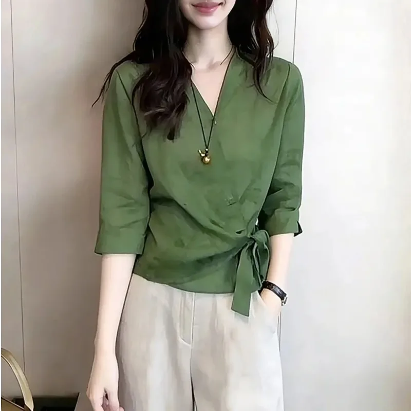 Women's V-Neck Wrap Tie Waist Blouse 3/4 Sleeve Casual Summer Shirt