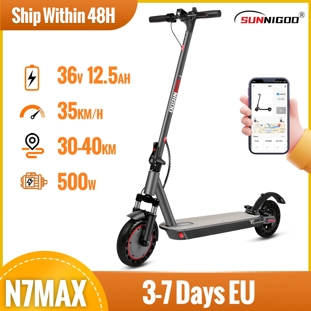 SUNNIGOO N7MAX Scooter électrique 500W moteur 36v12.5ah 35 KM/H vitesse maximale 35KM longue portée 10 pouces avec Absorption des chocs APP Escooter