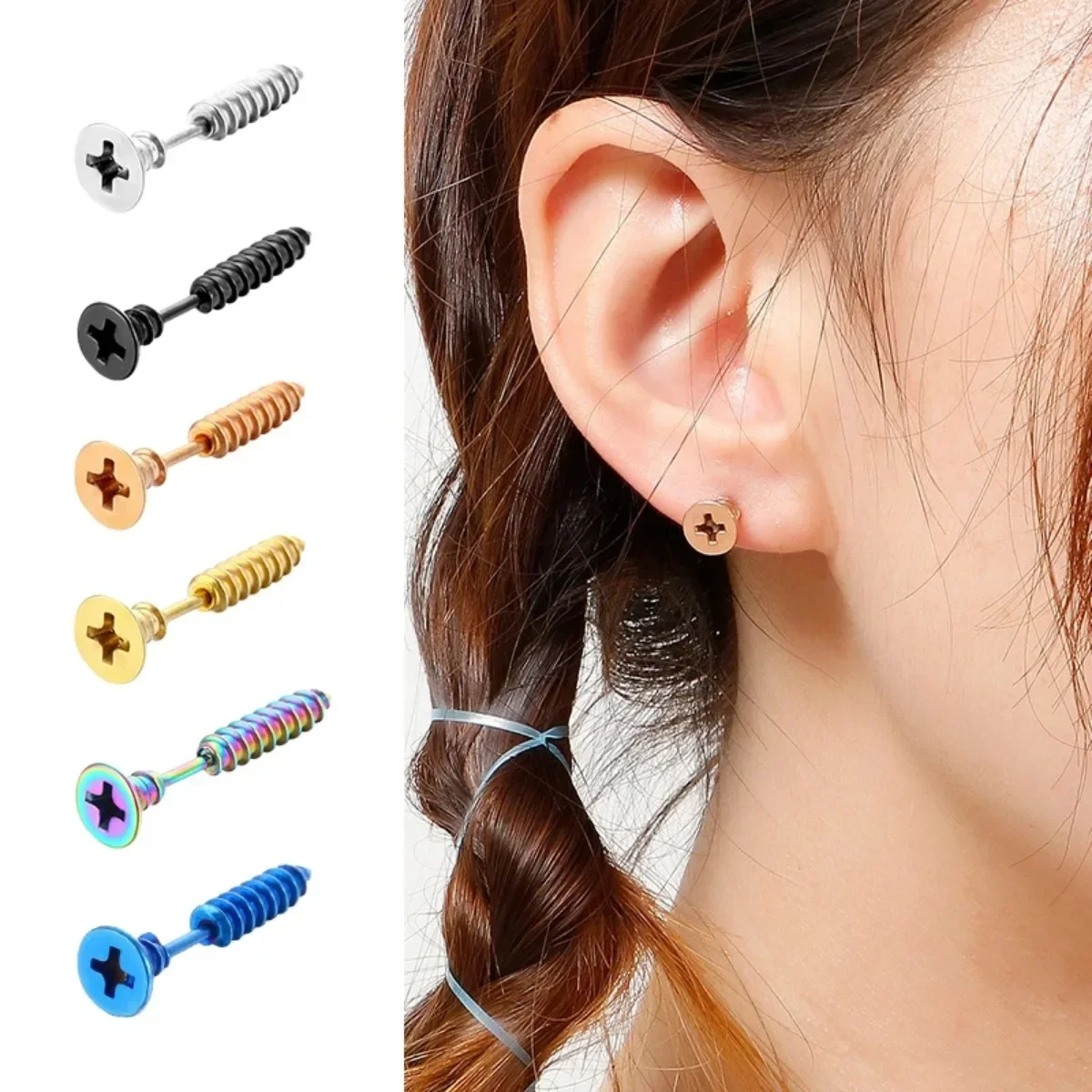 2Pcs Women Men Earrings Stainless Steel Piercing Nail Screw Stud Earrings Punk Rock Helix Ear Piercings Spiral Jewelry