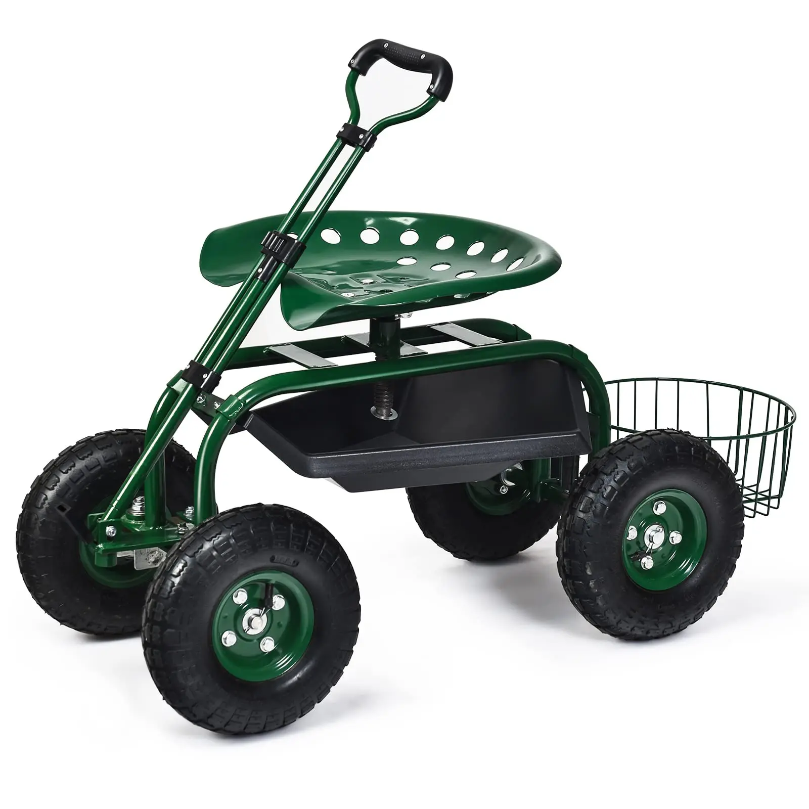 Rolling Garden Cart with Seat, Steering Handle & 10