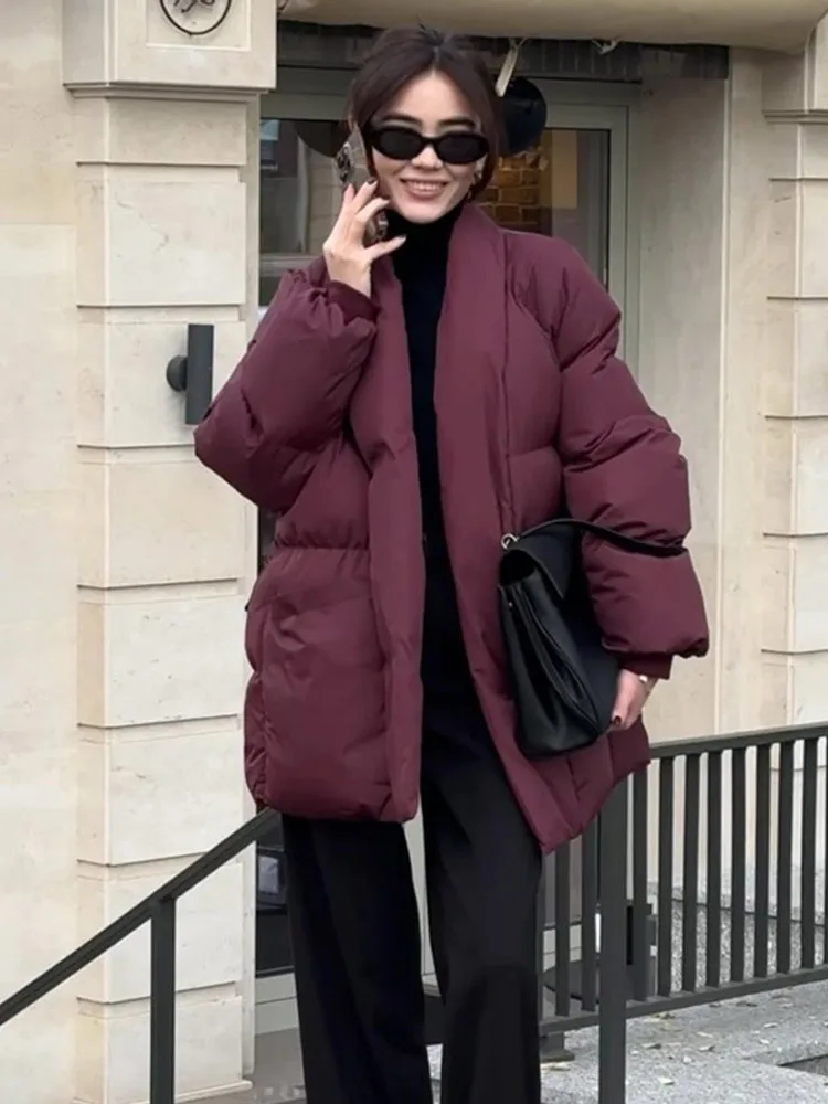 Elegant Burgundy Belted Padded Cotton Coat For Women Chic V-neck Long Sleeve Thick Warm Cardigan Jacket 2024 Lady Winter Outwear