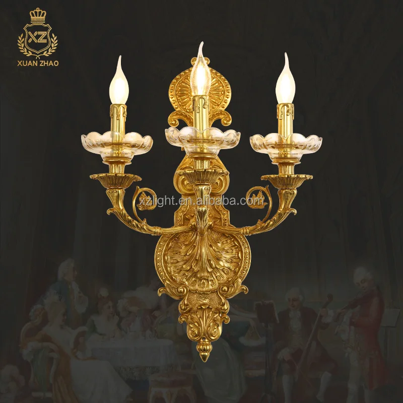 French Forged BrassWall Lamp, European Luxury Retro Three Head Hotel Living Room Villa Background Wall Lamp