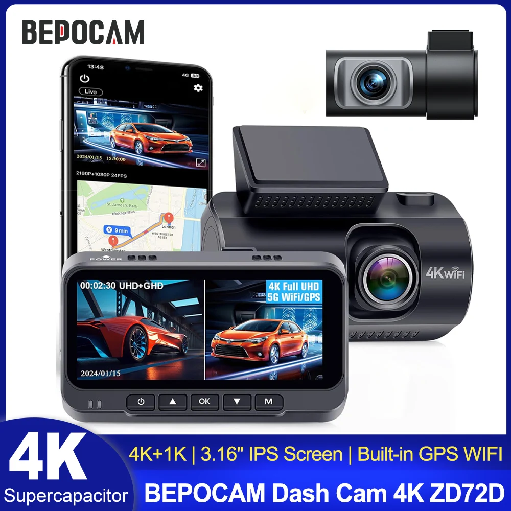 BEPOCAM Dash Cam 4K +1K Front and Rear Auto Dashcam Built-in GPS DVR Video Recorder Night Vision 24H Parking Mode Supercapacitor
